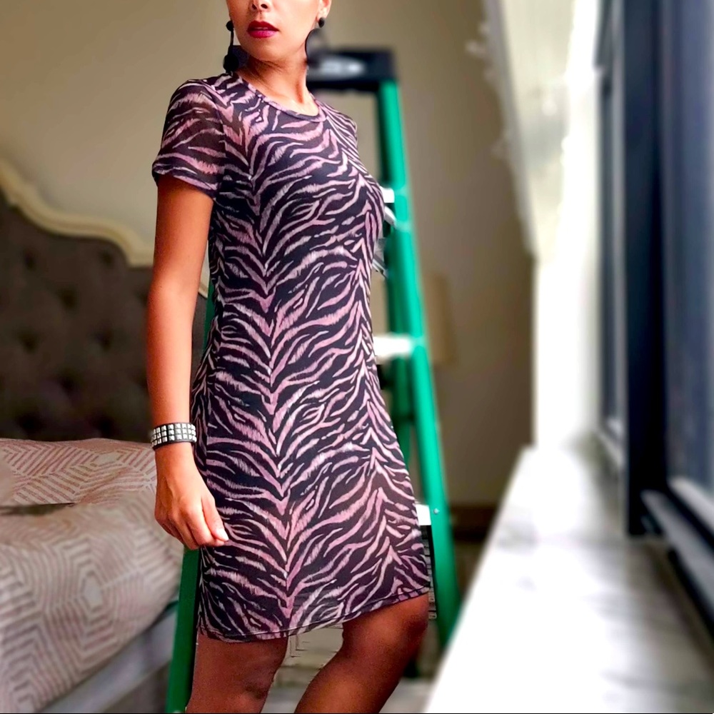 See through mesh animal print dress with string strap cami dress